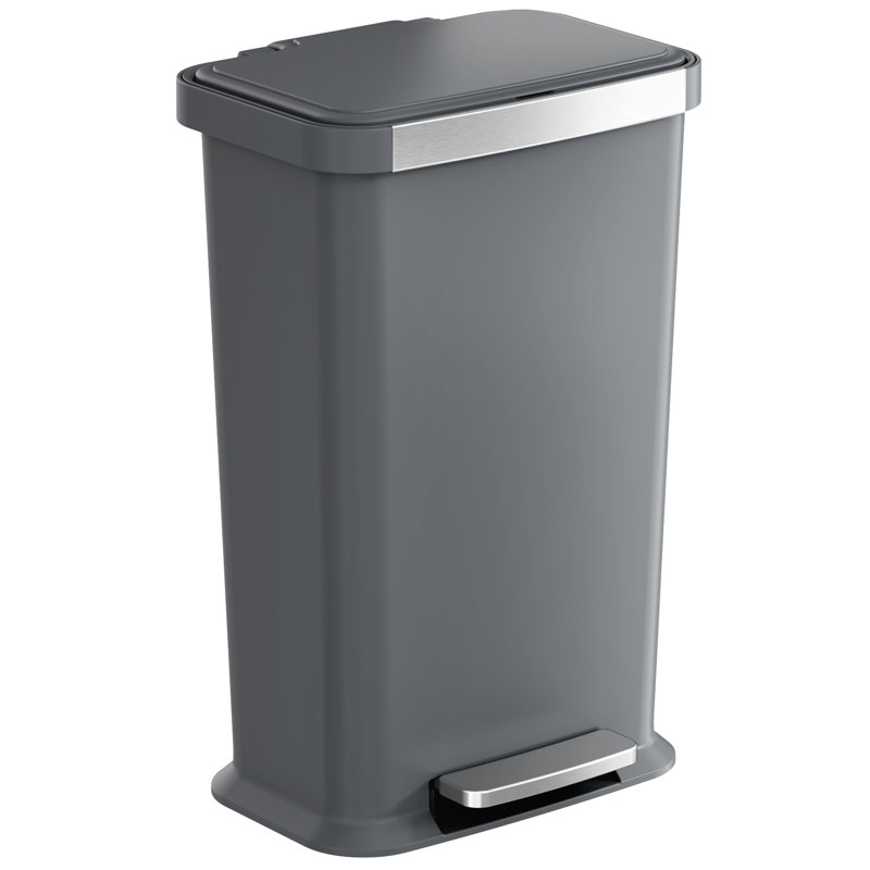 Gray Plastic 13.2 Gallon Step Pedal Trash Can with Stainless Steel Trim