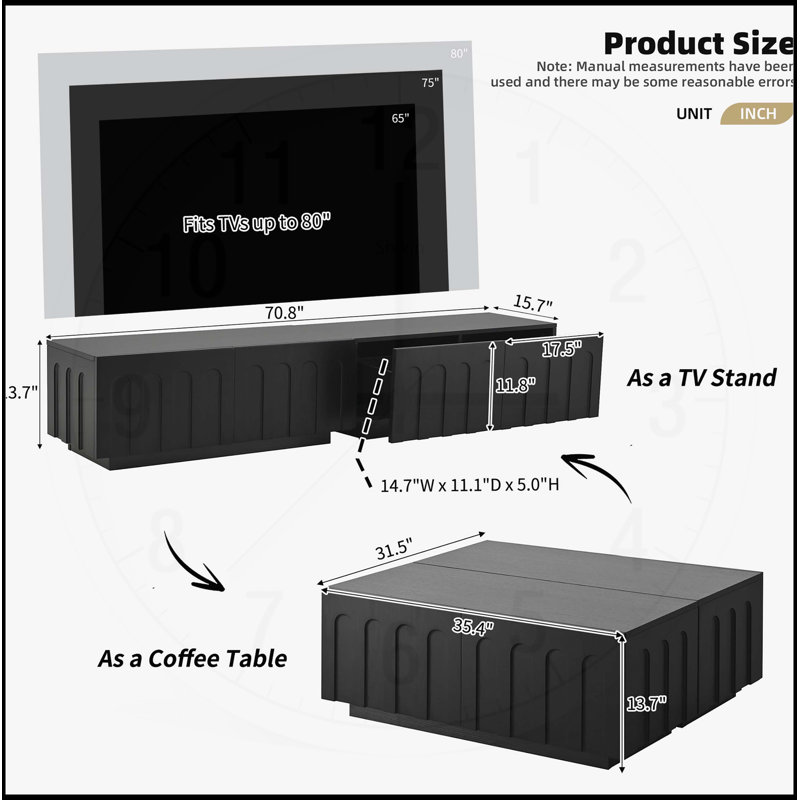 Élégant meuble télé avec design arqué pour les téléviseurs jusqu'à 80, table basse à double usage avec 4 tiroirs, armoire de rangement multifonctionnelle avec rangement