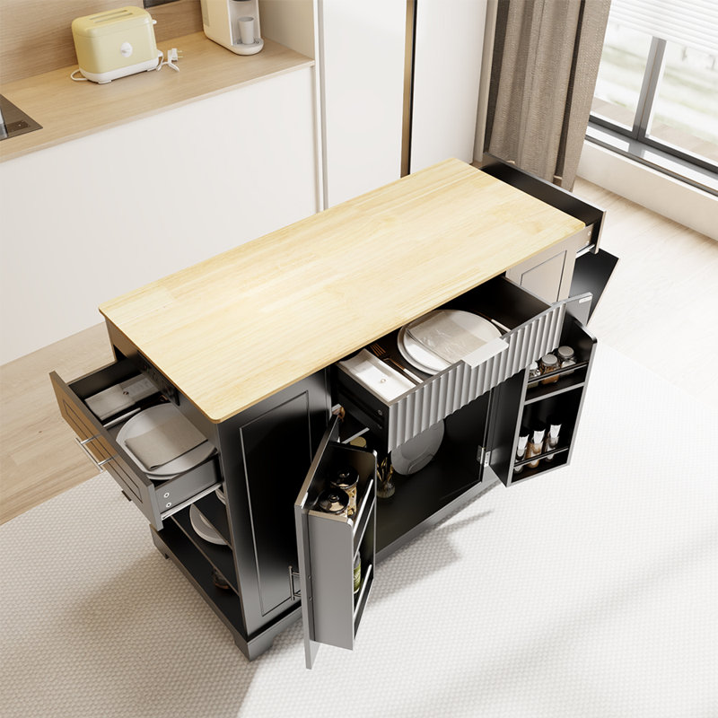 Rolling Kitchen Island On Wheels With 3 Drawers&Cabinet, Storage And Power Outlet, Portable Kitchen Island Cart, Black