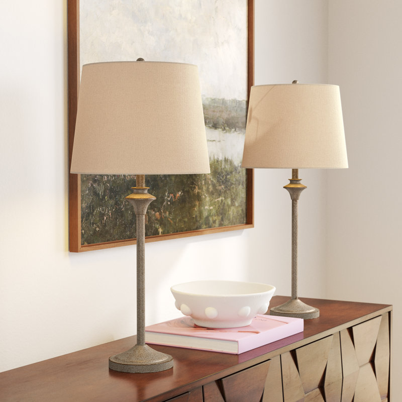 Lolley 26" Modern Metal Table Lamp with Knob Switch and Linen Shade for Living Room Bedroom, Antique Brown