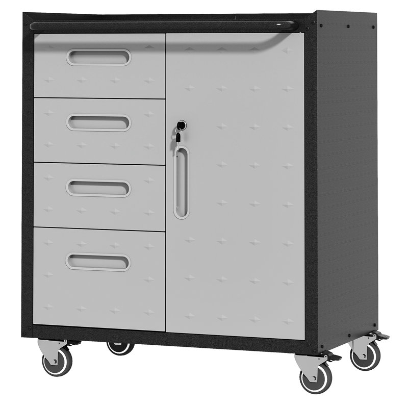 Heavy-Duty Metal Cabinet For Garage, Office & Home. 35.51"H X 30.01"W. Lockable Wheels, Raised Top, 4 Drawers, Adjustable Shelves. Black/Gray Tool Storage Office, 30.01"W 16.66"D. Side Space.