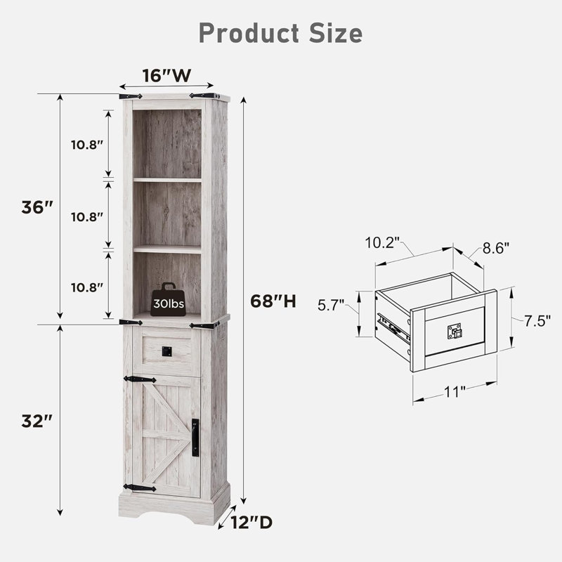 Armoire de salle de bain sur pieds H 68 po avec tablettes réglables Mitchel, Blanc antique brossé