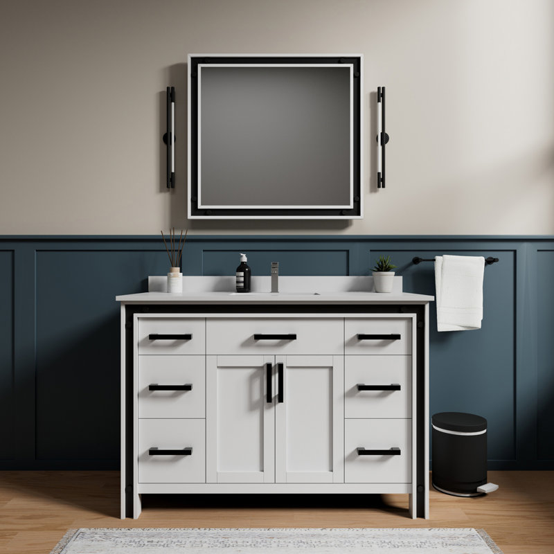 Dark Grey Bath Vanity 48 in. W x 22 in. D, White Quartz Top and 34 in. Mirror, White