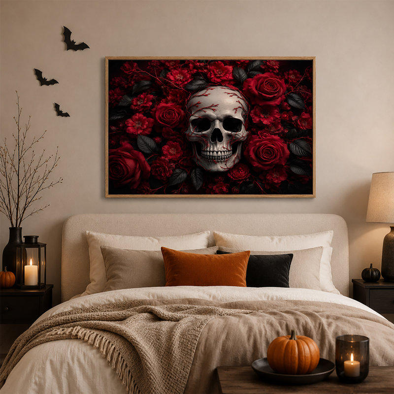 Art sur toile, crâne humain avec roses rouges et vignes torsadées, H 18 po x l 24 po
