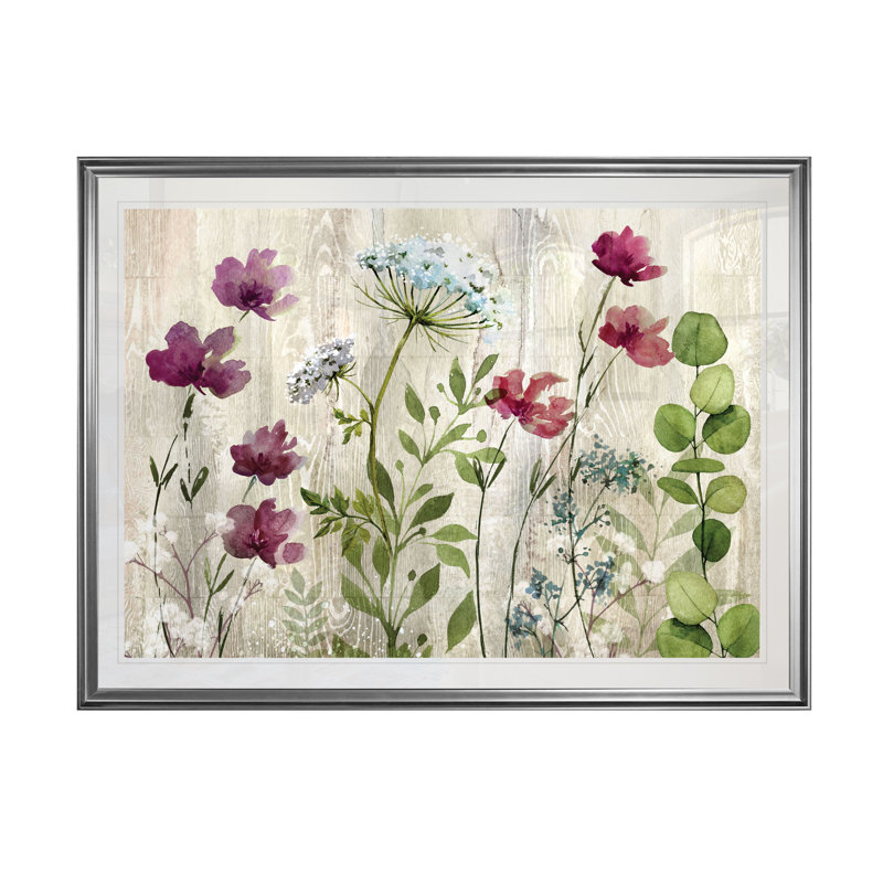 « pré fleur », reproduction d’impression, H 22 po x l 30 po x P 1,5 po, Cadre argenté