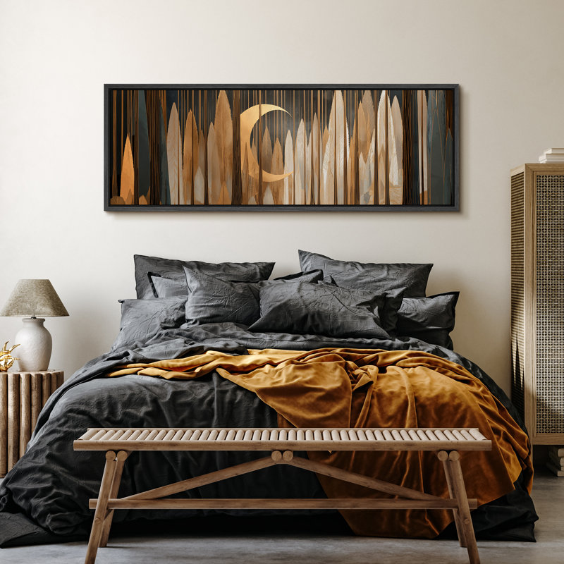 Art Deco Style Golden Crescent Moon Forest - Pictures Extra Large Framed Canvas Print Wall Art, 20" H x 60" W x 1.5" D
