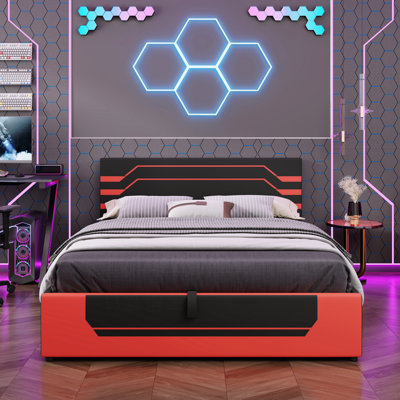 Cadre de lit pour grand lit avec rangement hydraulique, lit plateforme Cyberpunk Esports pour les joueurs, noir et rouge