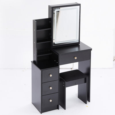 Meuble-lavabo de gauche avec siège confortable et miroir coulissant à DEL tactile, avec luminosité variable et interrupteur, noir, petite table de conception américaine réglable en trois options de couleurs, avec coussin