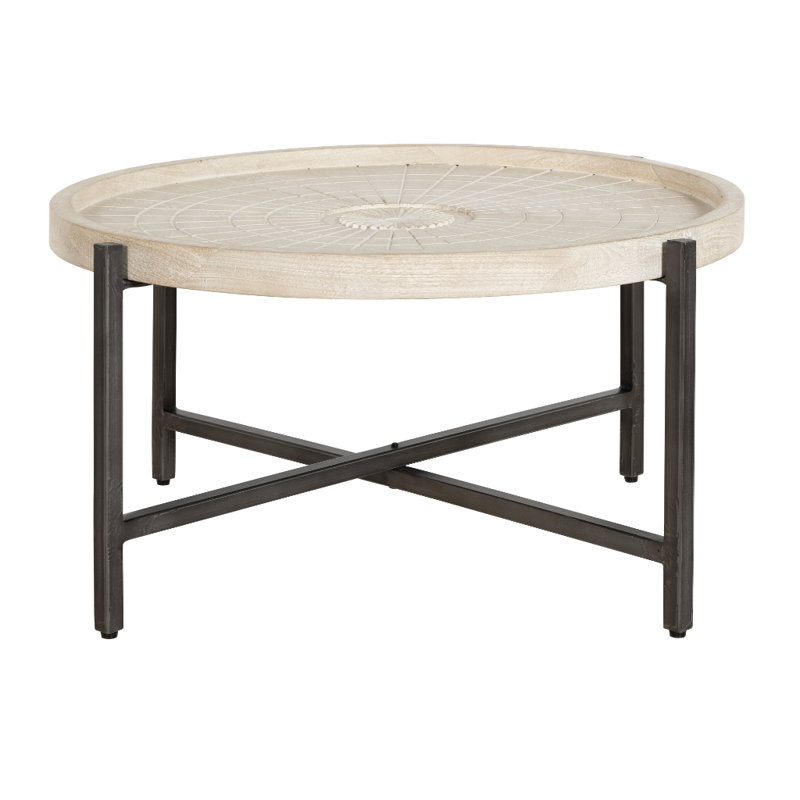 Table basse ronde blanchie à la chaux avec plateau sculpté Sunburst et base en métal