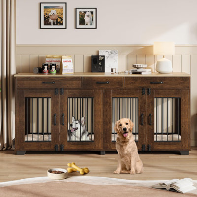 Grande cage pour chien 71 po pour 2 chiens, double cage pour chien avec 3 tiroirs pour un grand espace de rangement, cage intérieure pour meuble et meuble télé, pour grands chiens moyens