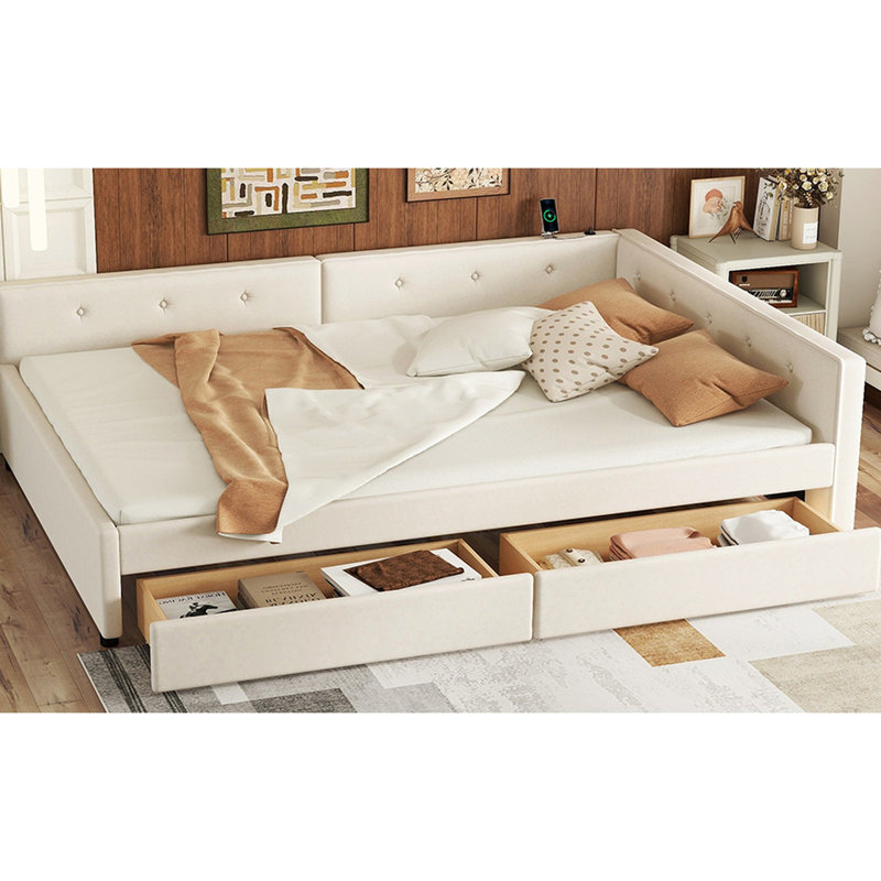 Lit plateforme double avec 2 tiroirs, bois beige, revêtement en lin, sans sommier, aménagement de chambre à coucher, rangement et rangement, organisation