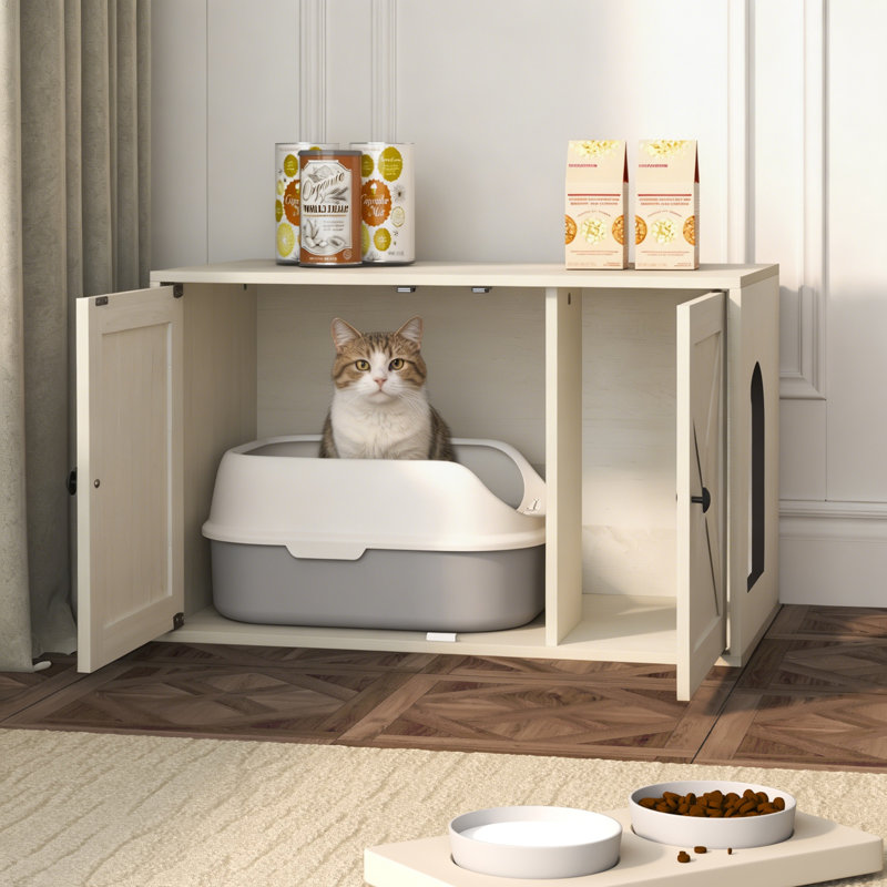 Enceinte de ferme pour chat avec entrée latérale et portes doubles Farmhouse, Blanc délavé