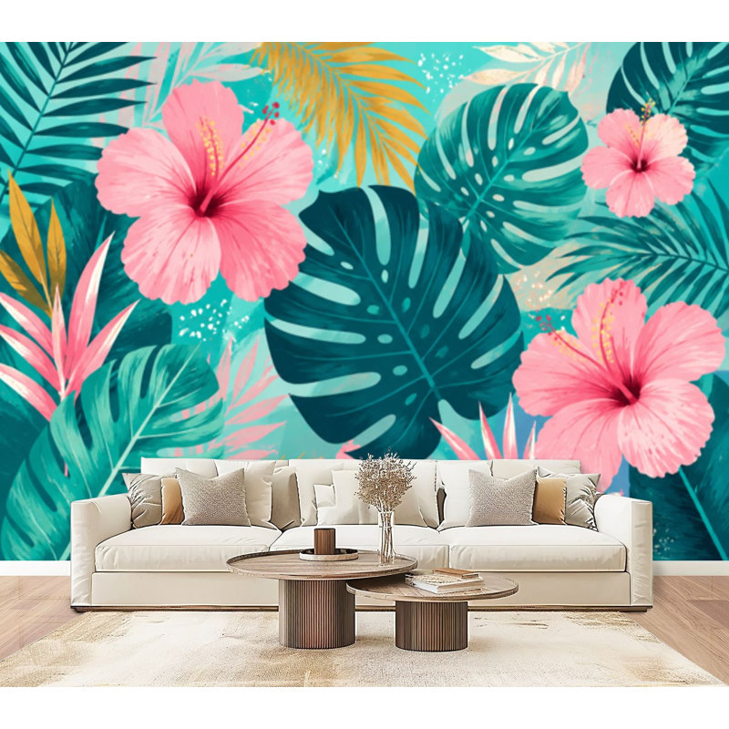 Papier peint adhésif auto-adhésif moderne pour la chambre à coucher avec fleurs tropicales Mid-Century