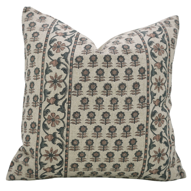 Coussin décoratif fait à la main Fabubline - Anamika, Imprimé bloc gris / floral 1, Carré 20 po