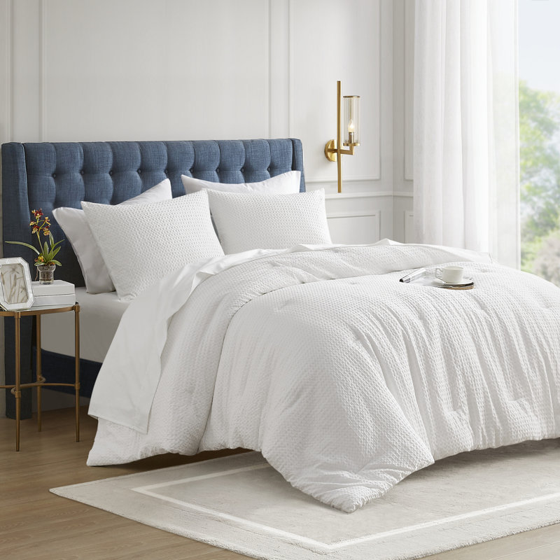 Mina Waffle Weave Textured Comforter Set, White, Twin/ Twin XL Comforter + 1 Standard Sham