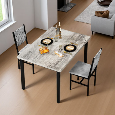 Modern Minimalist 3-Piece Dining Table Set for 2, Rectangular Dinner Table & 2 Upholstered Chairs with Boho Woven Tufted Back, Heavy Duty Metal Frame