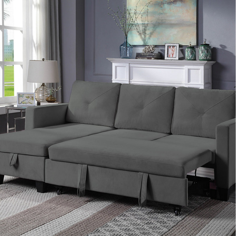 Canapé-lit modulaire en velours réversible avec méridienne de rangement, Velours gris foncé