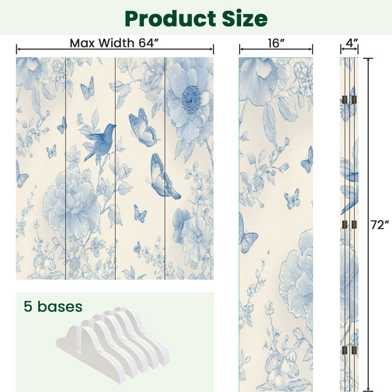 Paravent 4 panneaux à cloison pliable Royal Floral Vintage Boho bleu crème fleurs blanches Oiseaux Toile, 4
