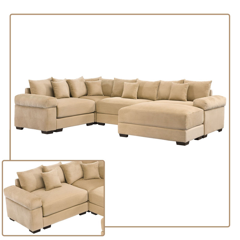Ensemble de canapé modulaire surdimensionné avec tissu en velours côtelé, coussin à rebond élevé, Velours côtelé chameau