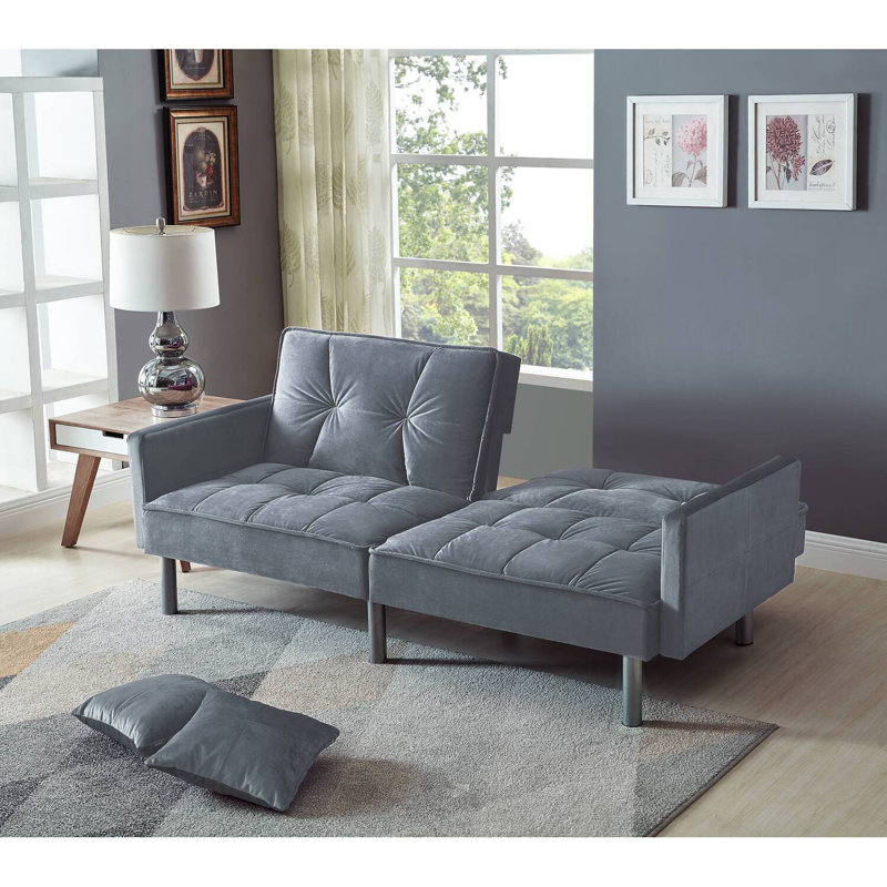 75.6'' Convertible Velvet Sofabed Sleeper Futon With 2 Pillows, Gray Brushed Velvet