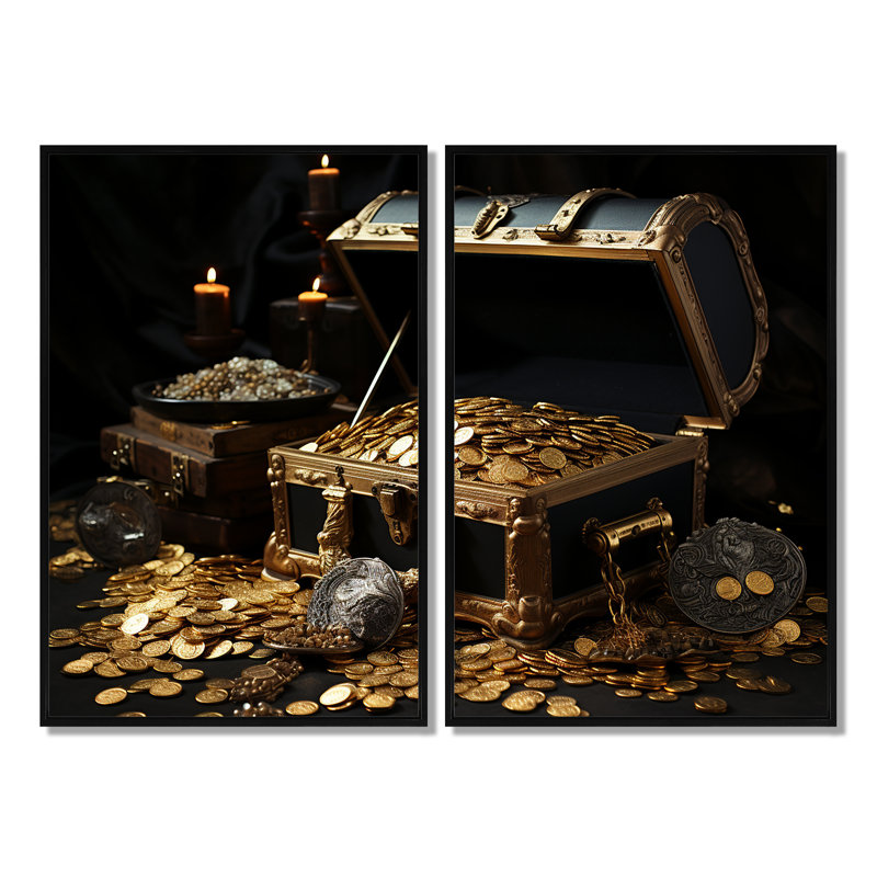 «Pirates Gold Treasure 2 - People Pirate», art mural 2 pièces, 36" H x 48" W, Impression encadrée flottante, Black