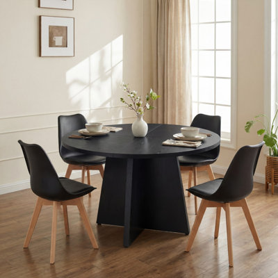 Round Wood Dining Table With 4 PU Leather Chairs, Kitchen Dining Room Furniture Set