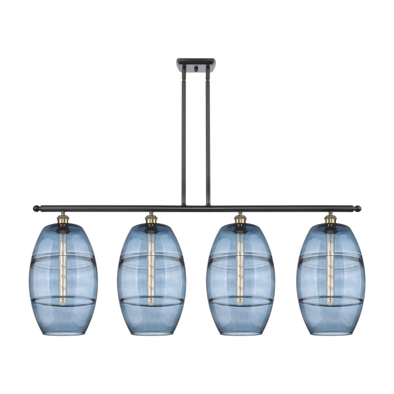 Luminaire suspendu rond / ovale pour îlot de cuisine à 4 lumières Dundrod, Bleu princesse, Nickel satiné brossé