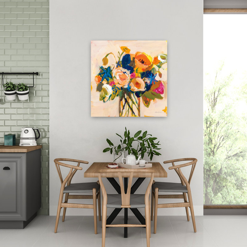 Art contemporain bohème en fleurs avec fleurs beiges, H 32 po x l 32 po