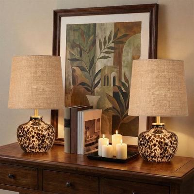 2 Set Hand Blown Small Table Lamp, Unique Leopard-Print Glass, Woven Natural Linen Shade, Women Gifts, 15 Inch