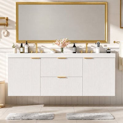 Meuble-lavabo mural double vasque de 150,6 cm (59,3 pouces) avec comptoir en SMC, 2 portes à fermeture amortie, 2 tiroirs à fermeture amortie et façades blanches cannelées