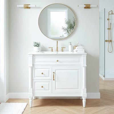 Meuble-lavabo standard autoportant en bois massif et panneau de fibres à densité moyenne 36 po, blanc, avec lavabo en céramique, tiroir rabattable et tablette ajustable, robinet non inclus