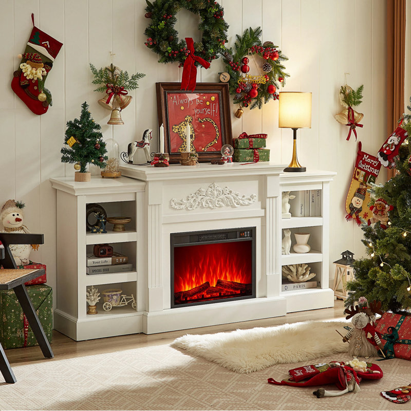 72"Electric Fireplace with Mantel, Farmhouse TV Stand with Electric Fire Place Heater, Stacked Stone Surround,White Firebox with 23" Fireplace Insert for Bedroom,Living Room