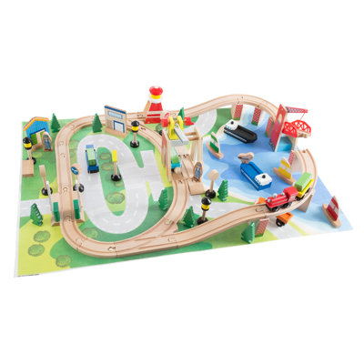 Hey Play 75-Piece Wooden Train Set with Play Mat