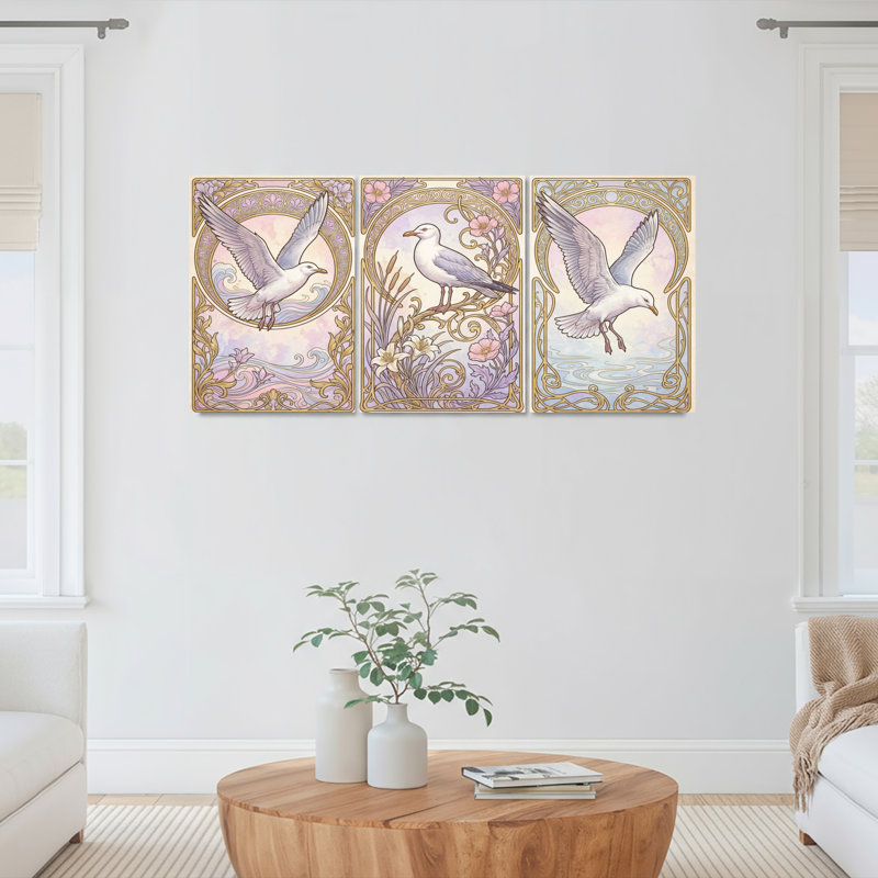 Ensemble de 3 tableaux muraux Art déco à motif floral et mouettes, H 18 po x l 36 po