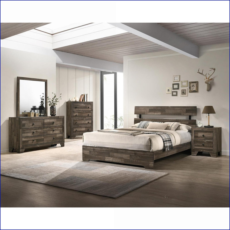 Lit simple en bois massif Structure de lit plateforme en placage brun rustique à profil bas pour chambre d'enfant