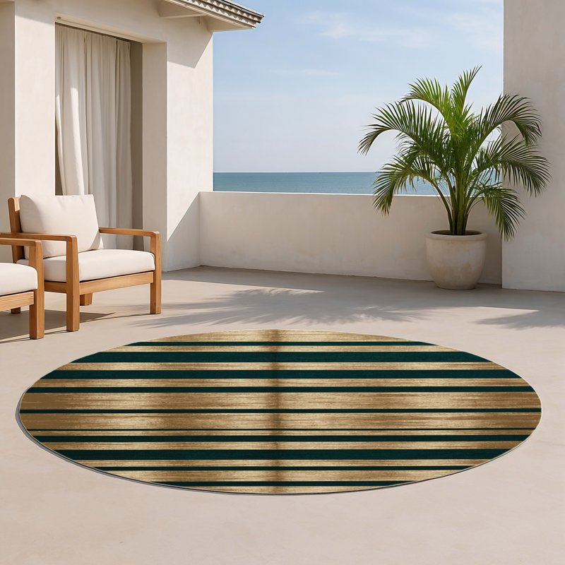 Tapis intérieur / extérieur vert HorizontalStripes, Rond 5 pi