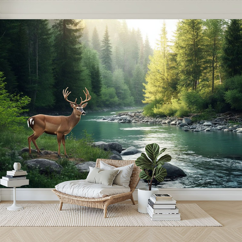 Panneau mural auto-adhésif moderne pour la chambre à coucher Lone Deer Forest, l 96 po x H 69 po, L 96 po x l 69 po
