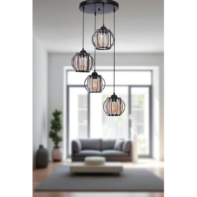 Élégant lustre en métal noir avec capuchon en verre, 7,5 po x 6,3 po | Hauteur réglable jusqu'à 31,5 pouces | 4 x douilles E27 (40 W maximum, ampoule non incluse) | pour la décoration de la salle à manger, du salon et du vestibule