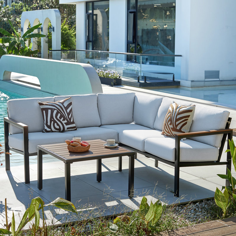  Ensemble de 6 meubles de patio en faux bois avec accoudoirs épais en oléfine, Gris