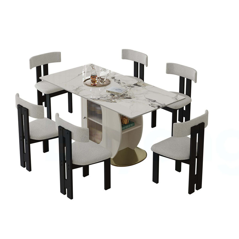 Ensemble de table de salle à manger de 63 po pour 4 à 6 personnes avec rangement, plateau en pierre brûlée et base en bois massif doré, comprenant 6 chaises en velours blanc pour la cuisine et l’appartement