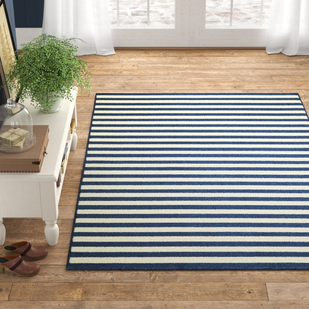 Adrienne Navy Cream Striped Indoor Outdoor Rug, Rectangle 3'11" x 5'7"