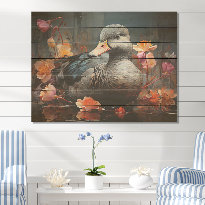 «Grey Duck Floral Swims II» - animal canard sur bois, H 10 po x l 20 po x P 0,78 po