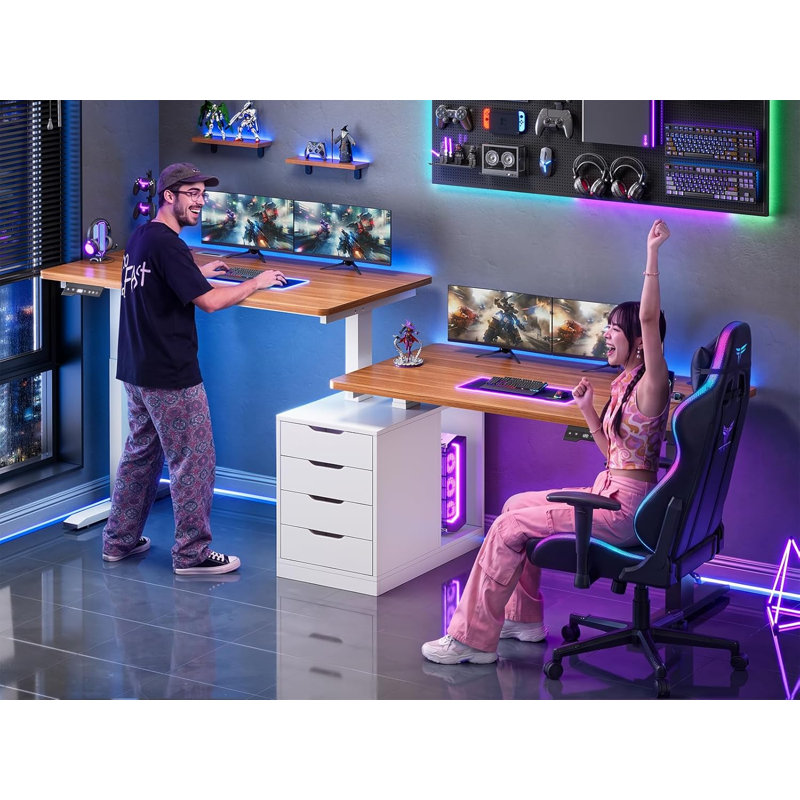 Bureau debout pour deux personnes, bureau d'ordinateur de 94 po de long avec 4 tiroirs, Brown/White