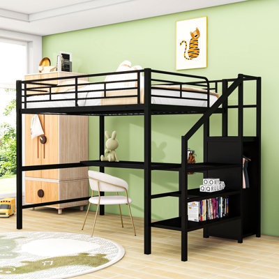 Lit mezzanine double en métal avec éclairage à DEL intégré, bureau, escalier de rangement et petite armoire