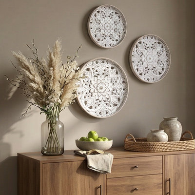 3-Piece Distressed White Wood Wall Decor Set - Carved Floral Design, Multiple Sizes