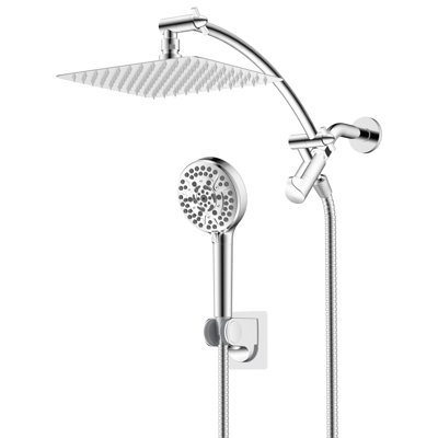Ensemble de douche 2 en 1 : pommeau de douche effet pluie de 25 cm et douchette à main à 10 jets avec bras d’extension réglable de 30 cm et flexible en acier inoxydable de 180 cm.