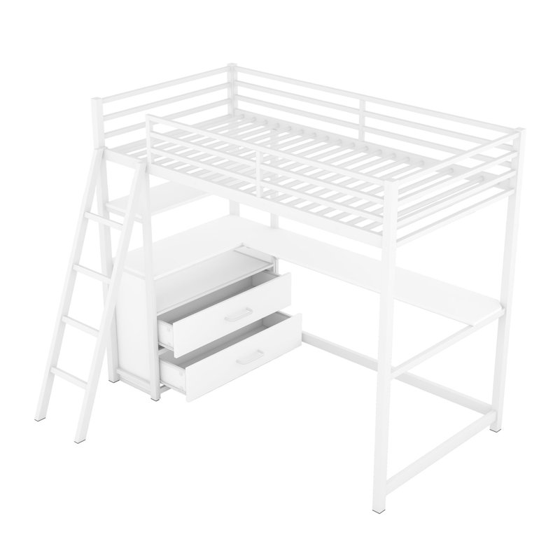 Lit mezzanine simple blanc avec éléments en métal et en bois, bureau, étagères et tiroirs, en étincelle