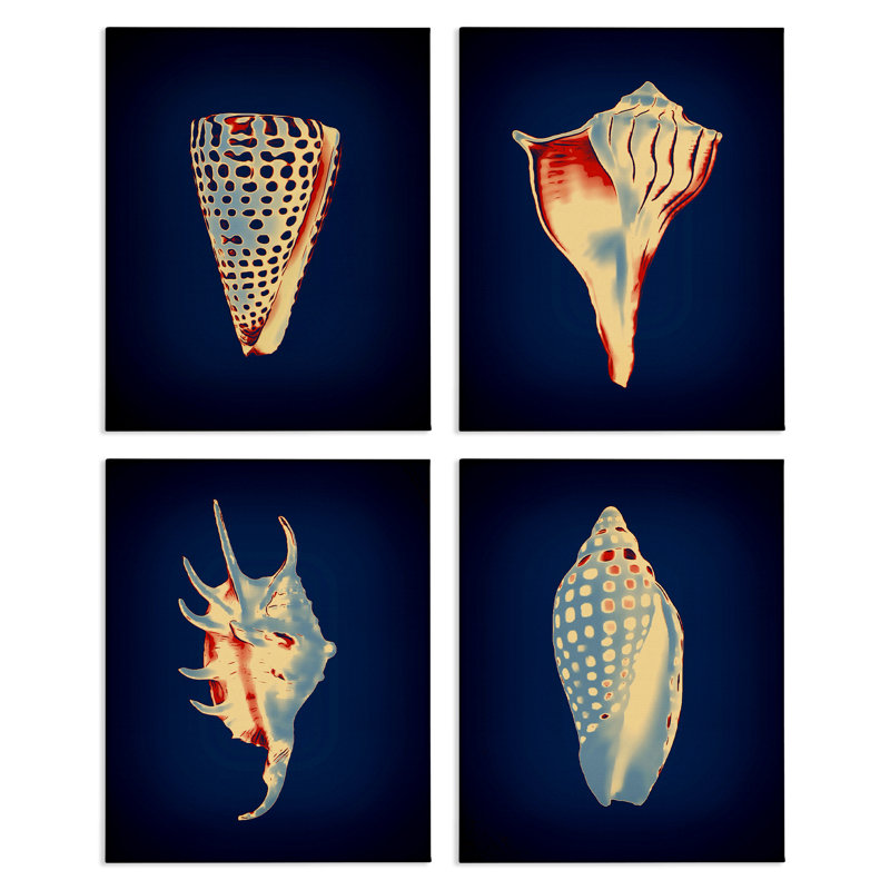  «Bright Shells on Indigo», ensemble de 4 toiles murales par Graffi * Tee, H 14 po x l 11 po