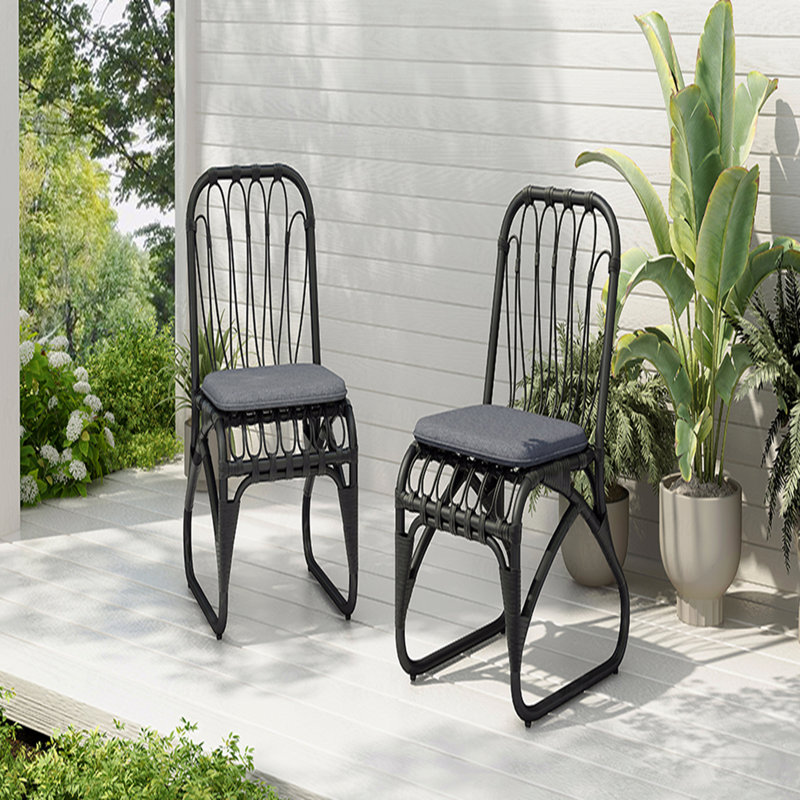 Set Of 2 Outdoor Patio Dining Chair, PE Wicker With Washable Cushion, Gray, Black