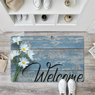 Tapis d'entrée et de patio rétro 24 po x 36 po, bleu et blanc